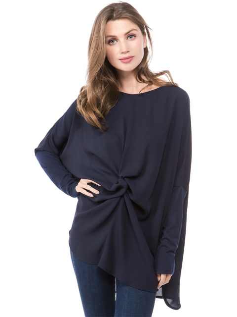 

GRACE & JACK Blue Solid Round Neck Cinched Waist Top