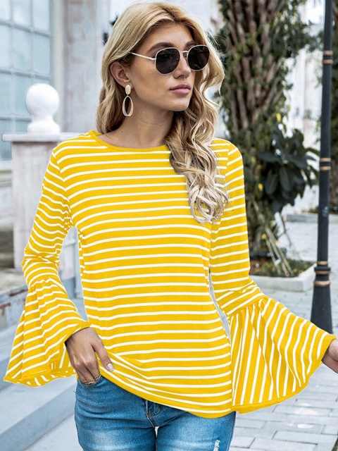 

GRACE & JACK Women Bright Yellow Horizontal Stripes Top