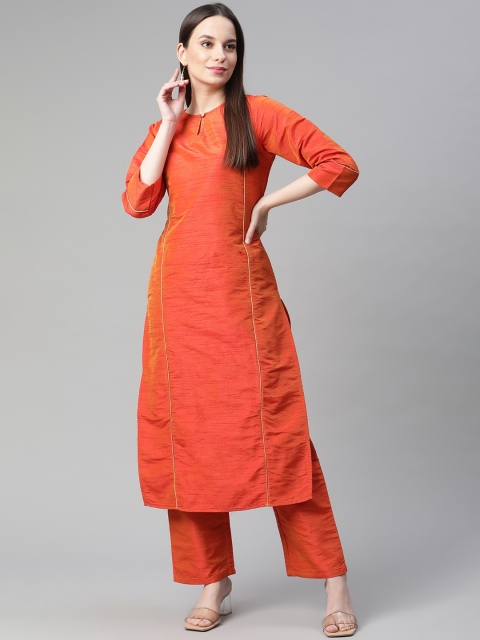 

Cottinfab Women Orange Regular Dupion Silk Kurta with Palazzos