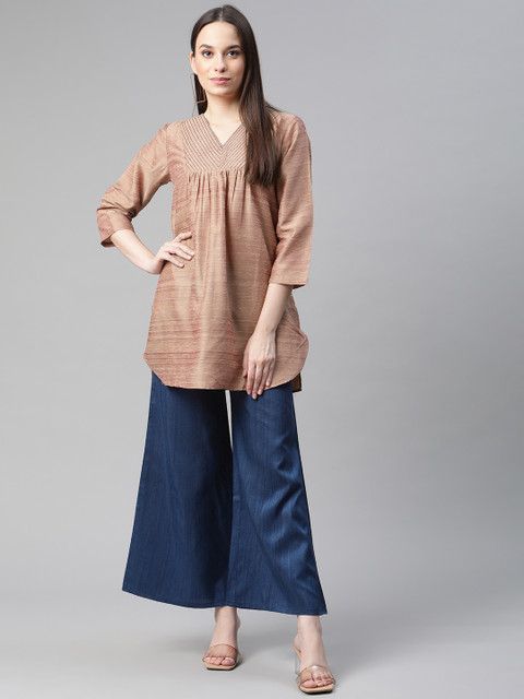 

Cottinfab Women Purple Pleated Dupion Silk Top with Palazzos