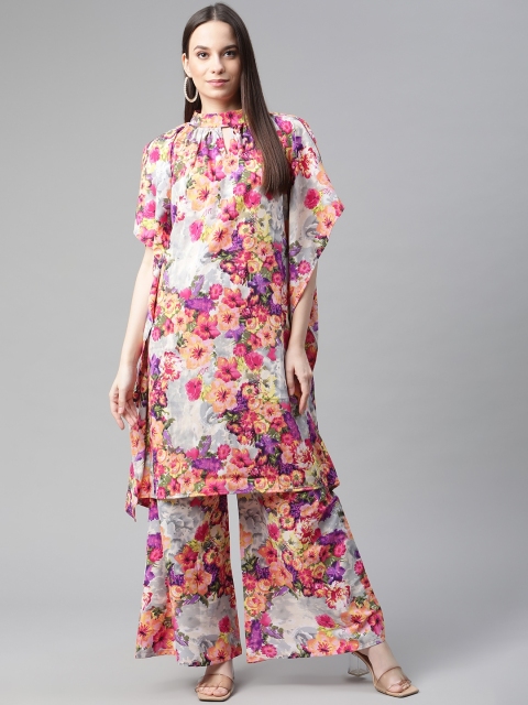 

Cottinfab Women Multicoloured Floral Printed Pleated Kurta with Palazzos, Multi