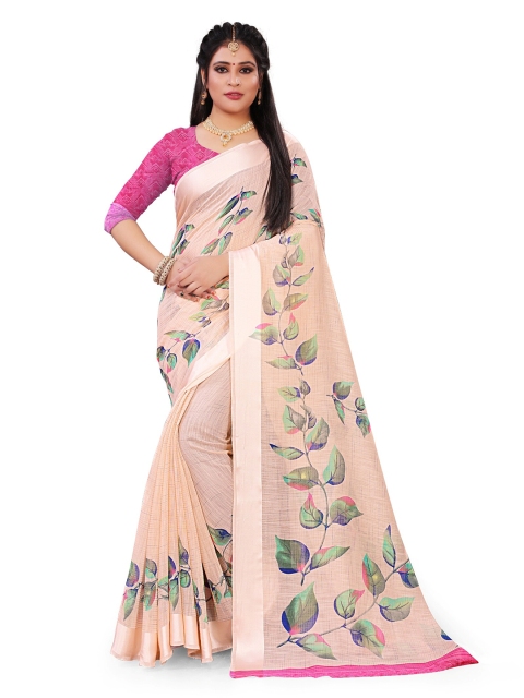 

Viva N Diva Peach-Coloured & Blue Floral Linen Blend Saree