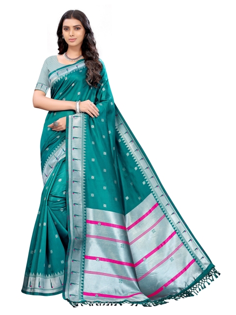

Nimayaa Green & Silver-Toned Woven Design Zari Silk Blend Saree