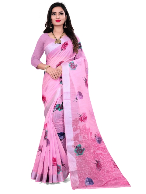 

Viva N Diva Pink & Sea Green Floral Zari Linen Blend Saree