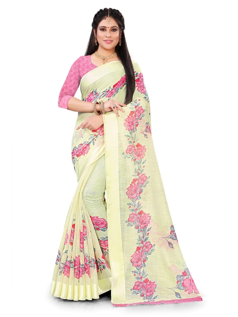

Nimayaa Yellow & Pink Floral Printed Linen Blend Saree