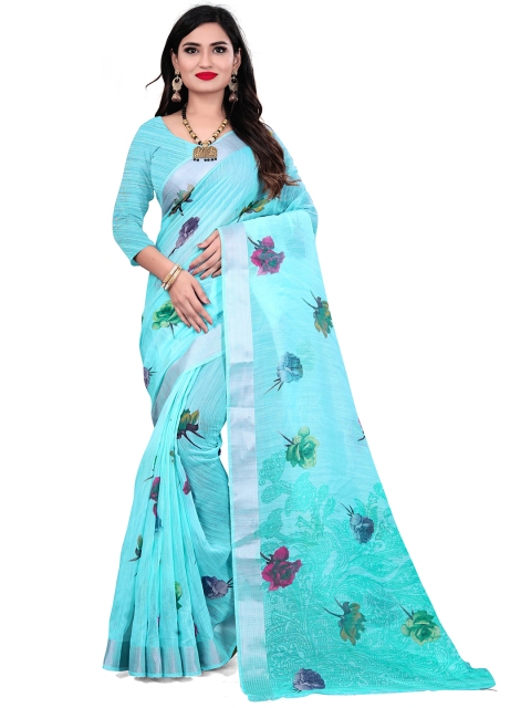 

Viva N Diva Blue & Green Floral Printed Zari Linen Blend Saree