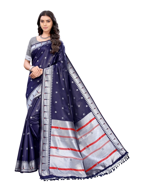 

Nimayaa Navy Blue & Silver-Toned Woven Design Zari Silk Blend Saree