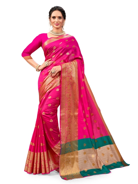 

Nimayaa Pink & Gold-Toned Ethnic Motifs Zari Silk Blend Kanjeevaram Saree