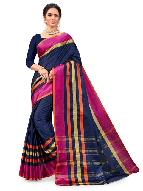 

Nimayaa Women Blue Striped Aura Silk Saree, Navy blue