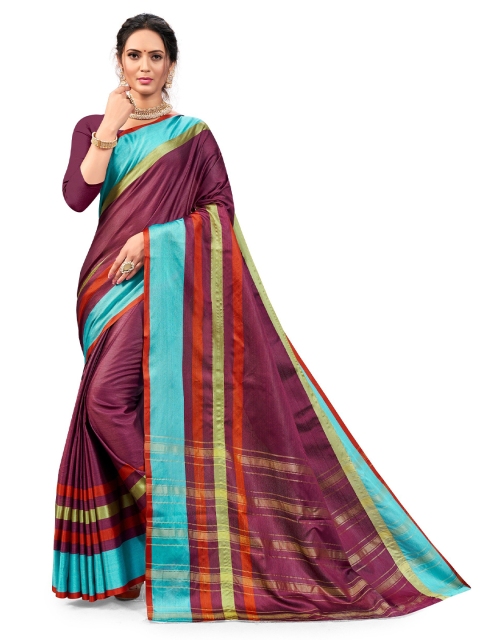 

Nimayaa Purple & Blue Striped Art Silk Kanjeevaram Saree