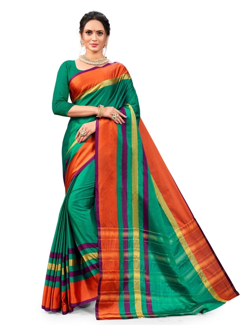 

Viva N Diva Green & Orange Striped Art Silk Kanjeevaram Saree