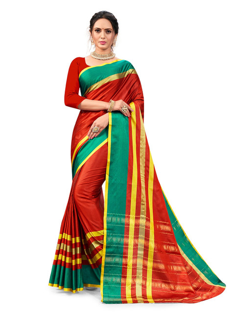 

Nimayaa Red & Yellow Striped Art Silk Kanjeevaram Saree