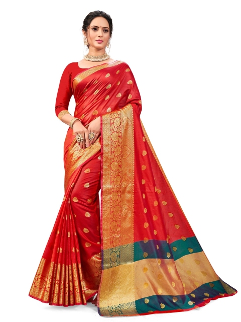 

Nimayaa Red & Teal Floral Zari Kanjeevaram Silk Blend Saree