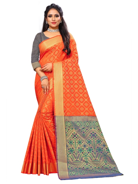 

Nimayaa Orange & Blue Ethnic Motifs Jacquard Weaving Zari Silk Blend Saree