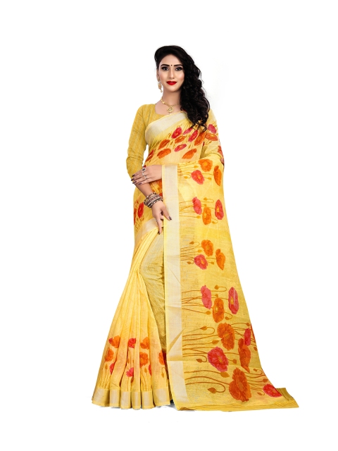 

Viva N Diva Yellow & Pink Floral Printed Zari Linen Blend Saree