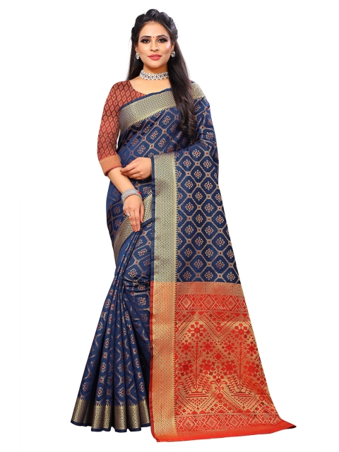 

Viva N Diva Navy Blue & Red Woven Design Zari Silk Blend Saree
