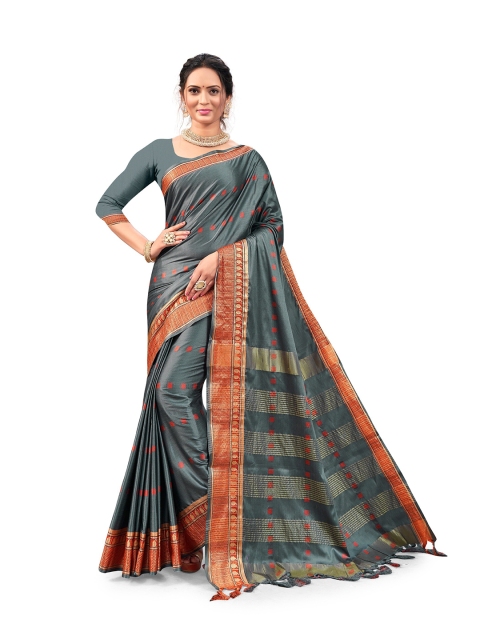 

Viva N Diva Grey & Orange Geometric Woven Designed Saree