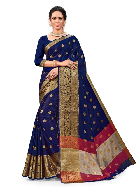 

Viva N Diva Navy Blue & Red Ethnic Motifs Zari Kanjeevaram Silk Blend Saree