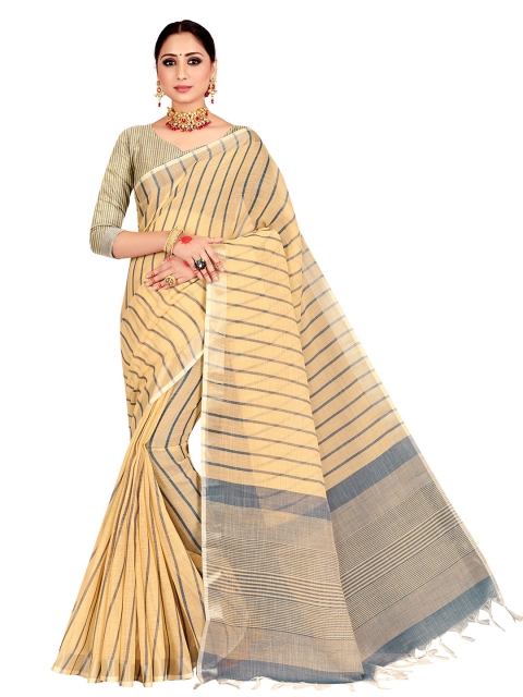 

Nimayaa Beige & Blue Striped Linen Blend Kanjeevaram Saree