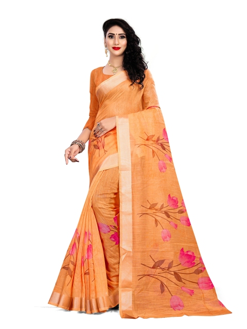 

Viva N Diva Orange & Pink Floral Linen Blend Saree
