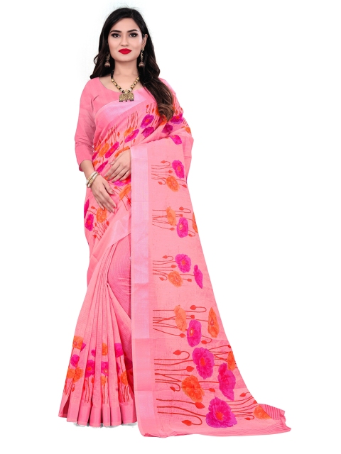 

Viva N Diva Pink & Orange Floral Printed Linen Blend Saree