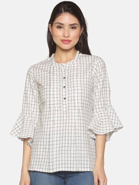 

Saffron Threads White Checked Cotton Regular Top