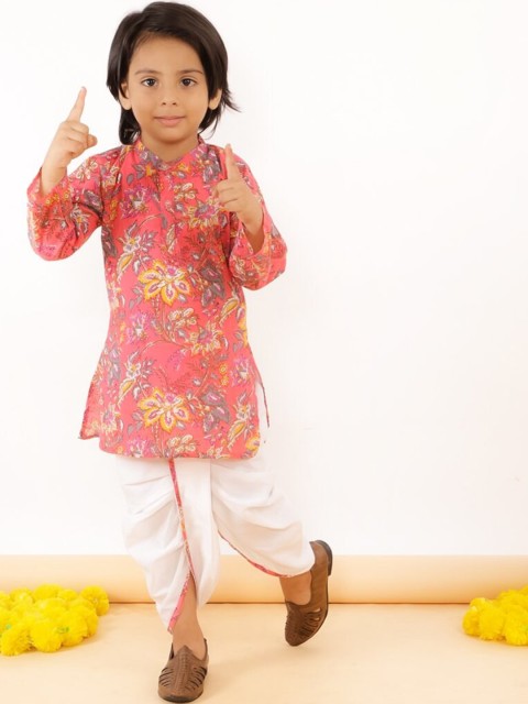 

The Mom Store Boys Magenta Floral Pure Cotton Kurti with Dhoti Pants