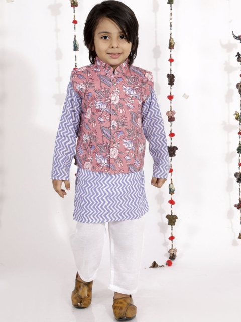 

The Mom Store Boys Lavender Printed Regular Pure Cotton Kurta Set With Jacket