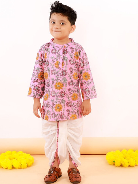 

The Mom Store Boys Pink Floral Printed Regular Pure Cotton Kurti with Dhoti Pants