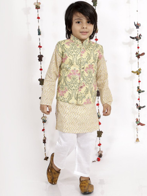 

The Mom Store Boys Cream-Coloured Floral Pure Cotton Kurta with Pyjamas & Nehru Jacket