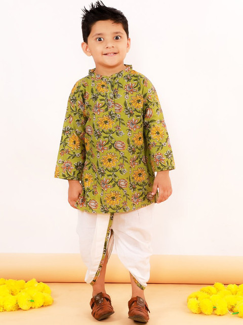 

The Mom Store Boys Olive Green Floral Printed Pure Cotton Kurti with Dhoti Pants
