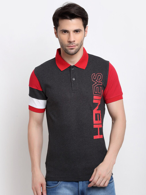 

La Mode Men Grey & Red Colourblocked Pure Cotton Polo Collar Slim Fit T-shirt