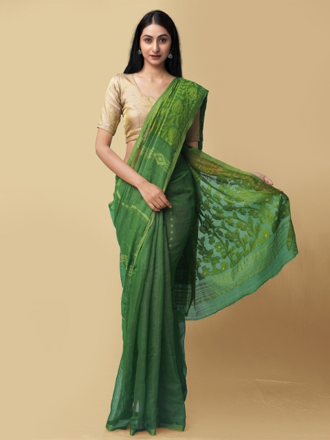 

Unnati Silks Women Green Pure Handloom Dhaka Jamdhani Bengal Cotton Silk Sustainable Saree