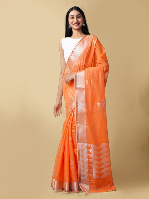 

Unnati Silks Orange & Silver-Toned Zari Mysore Silk Cotton Saree