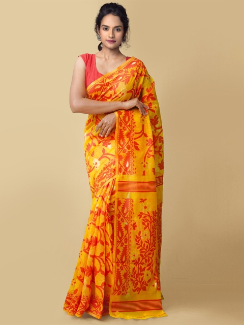 

Unnati Silks Women Orange & Red Pure Handloom Dhaka Jamdhani Bengal Cotton Silk Sustainable Saree