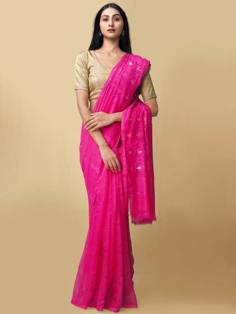 

Unnati Silks Pink & Gold-Toned Woven Design Silk Cotton Jamdani Saree