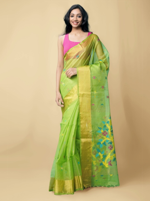 

Unnati Silks Green & Fuchsia Floral Zari Maheshwari Silk Cotton Saree