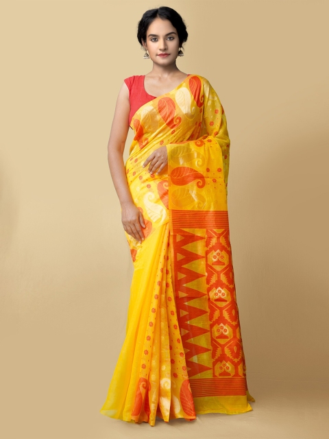 

Unnati Silks Women Yellow & Orange Pure Handloom Bengal Linen Sustainable Saree