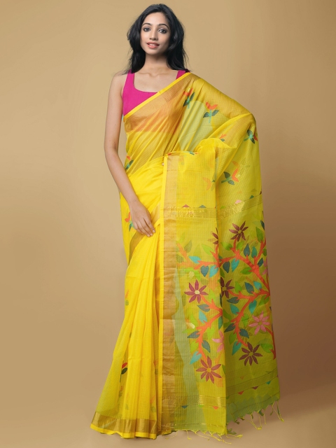 

Unnati Silks Yellow & Green Woven Design Zari Silk Cotton Maheshwari Saree