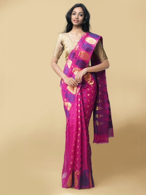 

Unnati Silks Women Pink & Purple Pure Handloom Bengal Linen Sustainable Saree