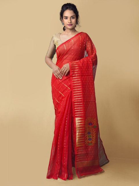 

Unnati Silks Women Red & Blue Pure Handloom Bengal Linen Sustainable Saree
