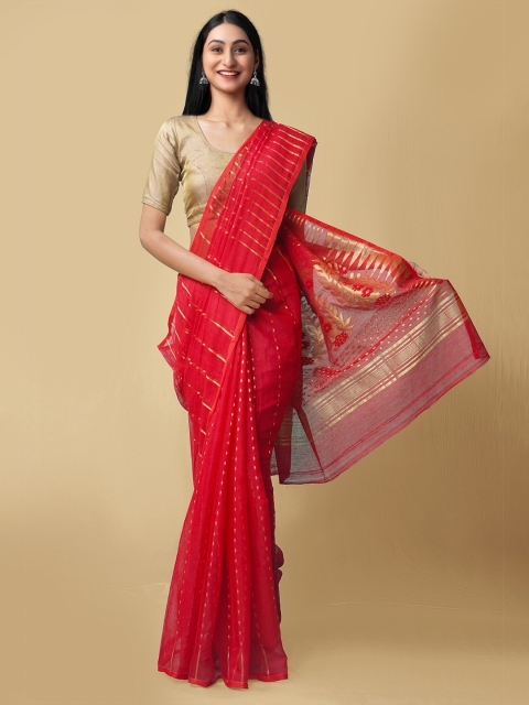 

Unnati Silks Red & Gold-Toned Woven Design Zari Pure Linen Jamdani Saree