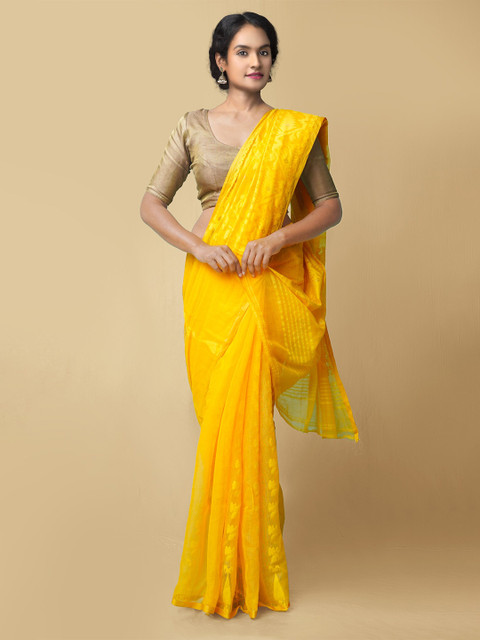 

Unnati Silks Women Yellow Pure Handloom Dhaka Jamdhani Bengal Cotton Silk Sustainable Saree