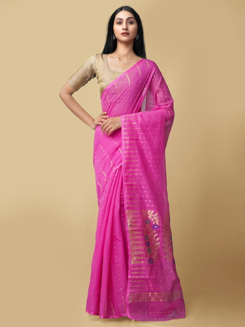 

Unnati Silks Pink & Gold-Toned Woven Design Pure Linen Jamdani Saree