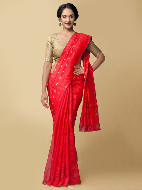 

Unnati Silks Women Red & Gold-Toned Dhaka Jamdhani Bengal Cotton Silk Sustainable Saree