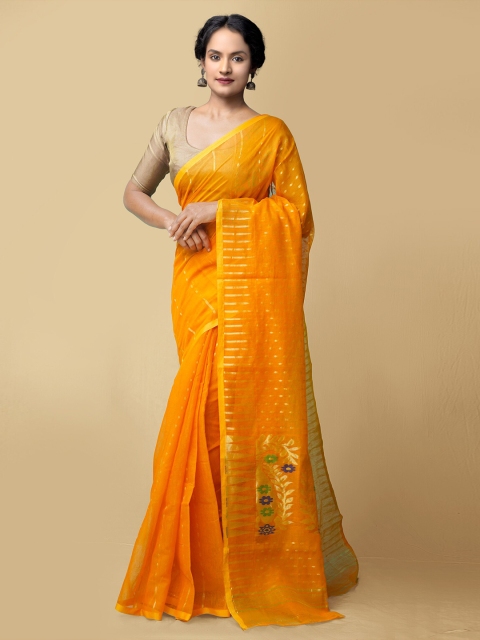 

Unnati Silks Orange & Green Woven Design Zari Pure Linen Jamdani Saree