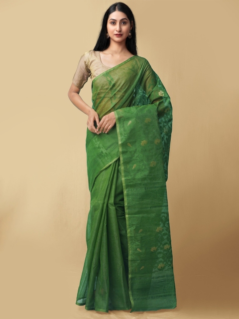 

Unnati Silks Women Green & Gold-Toned Pure Handloom Bengal Tant Cotton Sustainable Saree