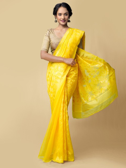 

Unnati Silks Women Yellow Dhaka Jamdhani Bengal Cotton Silk Sustainable Saree