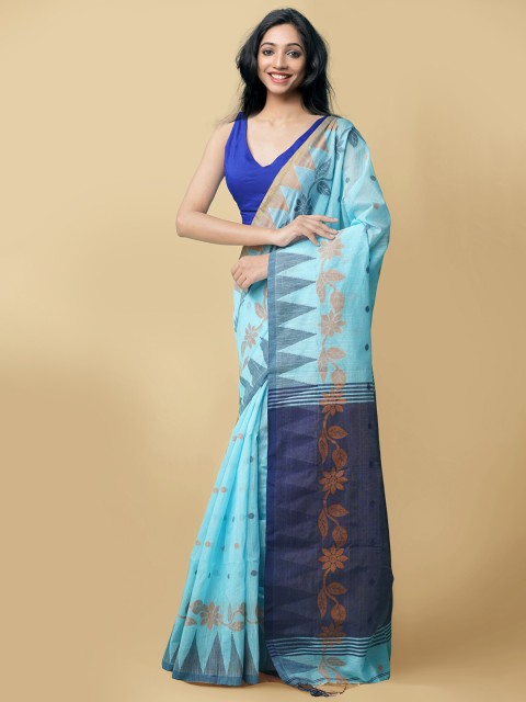 

Unnati Silks Blue & Gold-Toned Floral Zari Pure Linen Jamdani Saree