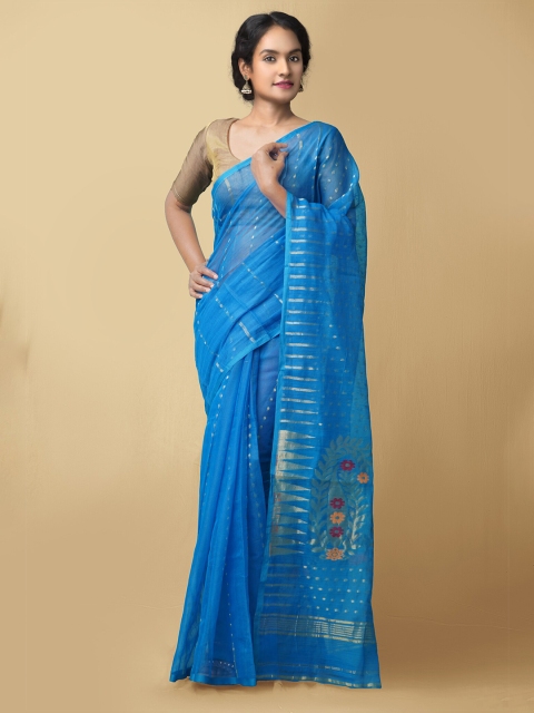 

Unnati Silks Blue & Gold-Toned Woven Design Zari Pure Linen Jamdani Saree